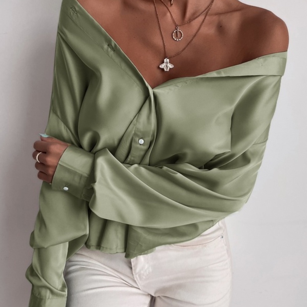 Satin mint Green silky button up Boyfriend Work - Picture 11 of 16